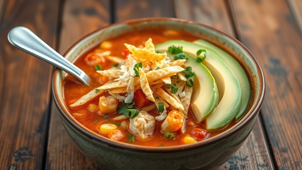 Zesty Chicken Tortilla Soup Recipe A colorful bowl of Chicken Tortilla Soup with tortilla strips, cheese, and avocado on a wooden table.